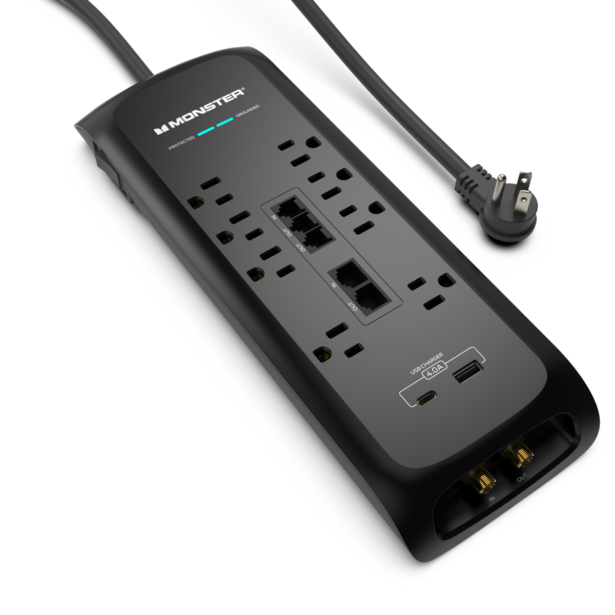 Monster Power Strip Surge, 8 AC, 1 USBC, 1 USBA, BLK