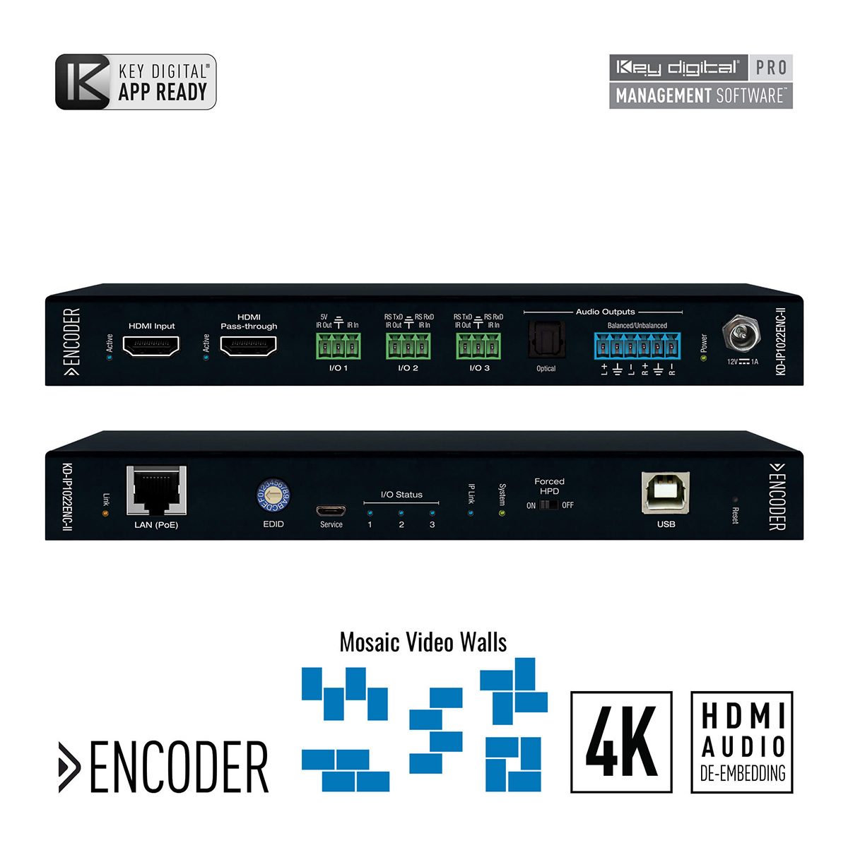 4K AV over IP Encoder w- Independent A/V & KVM, Video Wall