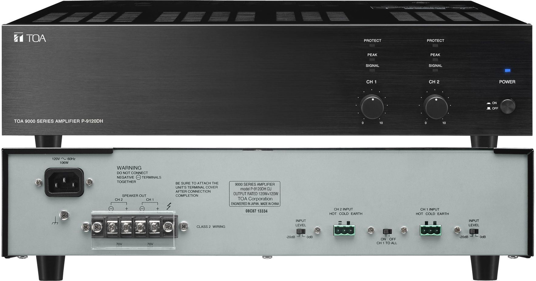 120W dual channel power amp. bal. line level input HiZ